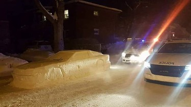 A car made entirely of snow confuses police officers in Montreal.