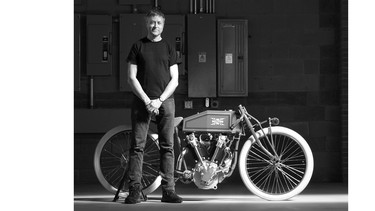Vancouver-based metal artisan Paul Brodie with one of his replica 1919 Excelsior board track racing motorcycles. He's planned a series of 10 replicas; four have sold, and the fifth is currently available for sale.