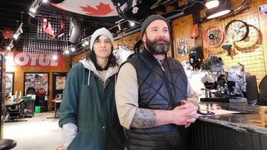 Tori Tucker (right) is the Vancouver Motorcycle Collective's manager, and Samson Lang is the visionary behind the communal shop located beside his Rising Sun Motorcyles shop near Clark Drive and Powell Street in Vancouver.