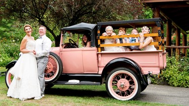 Anna Dean’s 1929 Model A Ford roadster pickup was a hit at her niece’s wedding held at her Harmony Farm in Cloverdale. That's Anna at the wheel.
