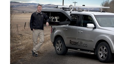 Paul Buller with an early prototype version of his RazerLift. The device has been in use for more than two years, and has been on a cross-Canada tour. Buller initially built the lift for the recreational market, but commercial users have expressed a great deal interest in the product.