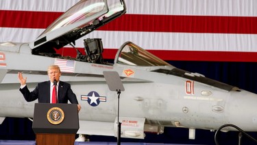 U.S. resident Donald Trump addresses troops at Miramar Marine Corp Air Station on March 13, 2018 in San Diego, California.