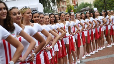 This file photo taken on May 24, 2015 shows grid girls standing in a line in Monte-Carlo before the Monaco Formula One Grand Prix.