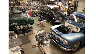 Pro auto body painter Brett Paterson's busy garage includes a 1960 Bel Air in pieces, a 1960 VW Beetle waiting for it's ragtop roof and a 1951 Ford truck.