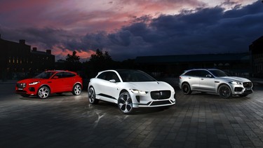 Jaguar's I-Pace, center, flanked by the E-Pace, left, and F-Pace.
