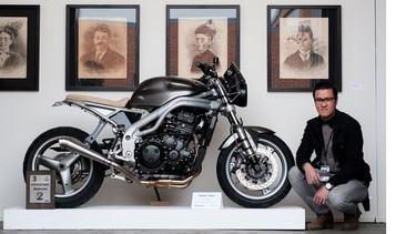 Kickstart show co-orgainzer Kenny Kwan with a 2002 Triumph. The free show runs at the Christine Klassen Gallery May 5 and 6.