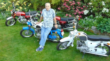 Swap Meet committee member Gary Hawthorn and the vintage Honda motorcycles he has collected and restored in the past three years.