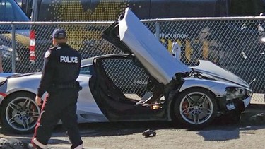 An unknown driver crashed a McLaren 720S into an Audi R8 at Polson Pier in Toronto on April 21.