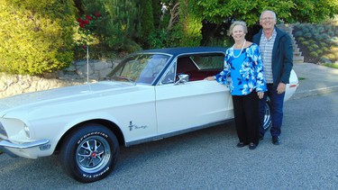 Dr. Bob Kochendorfer and wife of 50 years Judy celebrate the restoration of their 1968 Mustang which was their honeymoon car.