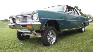 A second-generation Chevy II built in a "gasser" style. While not celebrating an anniversary, Novas and other compact muscle cars were out in full force.