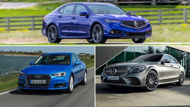 Clockwise from top: Acura TLX, Mercedes-Benz C 300, Audi A4