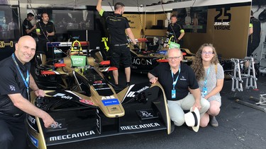 Meccanica CEO Jerry Kroll, left, COO Henry Reisner and his daughter Ivy in the Techeetah
pits last Saturday at the Formula-E race in Brooklyn, N.Y. The Vancouver-based company put new sponsorship
decals on the team’s two cars before the electric series’ penultimate race later that day, which was won by
Techeetah driver Jean-Eric Vergne, who clinched the drivers’ championship.