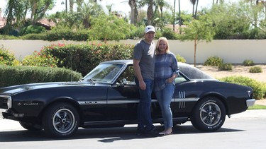 Dave and Cheryl Koop celebrating their 40th wedding anniversary in California with their second 1968 Pontiac Firebird.