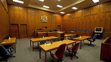 The view from the position of the defence counsel in courtroom 2-3 at the 361 University Avenue Courthouse in Toronto.