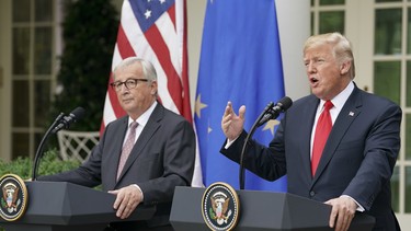 President Donald Trump, right, and European Commission president Jean-Claude Juncker, left, speak in the Rose Garden of the White House, Wednesday, July 25, 2018, in Washington.