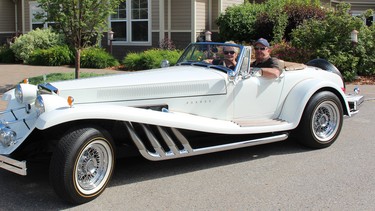 This 1978 Clenet, once owned by rocker Rod Stewart, is just one of two cars from Norm Castiglione’s collection that will be driven in the Foothills Country Hospice Rally 4 Hospice event on August 11. In the passenger seat is Foothills Hospice executive director Dawn Elliott, and Norm Castiglione is behind the wheel.