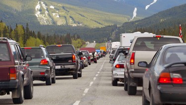 Traffic is backed up through the Bow Valley Corridor in Calgary as drivers headed east after the long weekend.