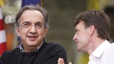 Then-FCA CEO Sergio Marchionne, left, is seen with Jeep brand President and CEO Mike Manley at the Jefferson North Assembly Plant, in Detroit in 2010.