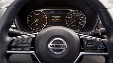 Nissan's Rear Door Alert is the industry's first system that uses the horn, in addition to door sensors and a message display on the center instrument panel, shown here on the 2019 Altima, to remind drivers to check the back seat after the vehicle is parked. By model year 2022, Nissan plans to have RDA standard on all four-door trucks, sedans and SUV nameplates.