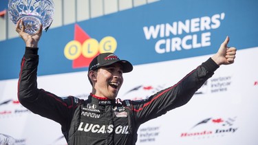 Canadian Robert Wickens celebrates after winning third place during the Honda Toronto Indy in Toronto on Sunday, July 15, 2018.
