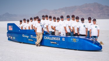 Danny Thompson, foreground, and the crew of the Challenger 2 at the Bonneville Salt Flats.