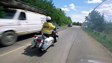 Const. Patti Nicol has a wide-angle view from her motorcycle.