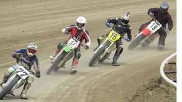 Modern single-cylinder flat track racers in 2017 at Dinosaur Downs Speedway.