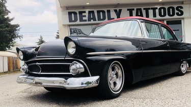 Artist and tattooist Kris Chisholm’s modified 1955 Ford Customline includes a new drivetrain, lowered suspension and a tasteful paint job. But, it does not have power steering or power brakes, and is just a traditional hot rod. Just the way its owner likes it.