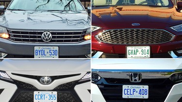 From top left: 2018 Volkswagen Passat, Ford Fusion, Honda Accord, Toyota Camry