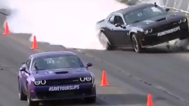 A screenshot from a clip of Richard Rawlings crashing into a barrier in a Hellcat Challenger.