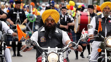 The Manitoba chapter of the Sikh Motorcycle Club rides in the 2017 Sikh Society Parade, celebrating the 413th installation of Sri Guru Granth Sahib Ji, the Sikh sacred scripture, in downtown Winnipeg on Sun., Sept. 3, 2017.