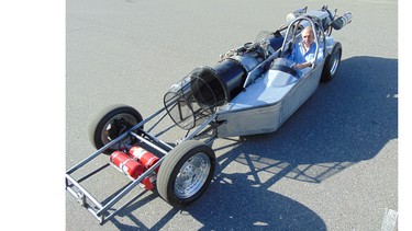 Barry Prescott at the controls of the jet-powered dragster without its body installed. Along with others he will be inducted into the Greater Vancouver Motorsport Pioneers Society tomorrow at an afternoon ceremony in Surrey.