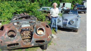 The Sport Car Factory's John Pritchard with the remains of the first Jaguar XK120 roadster built for import into North America.