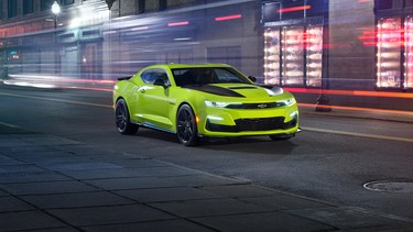Concept graphics and front-end styling contrast sharply with the 2019 Camaro’s new Shock exterior color, which is available early 2019.