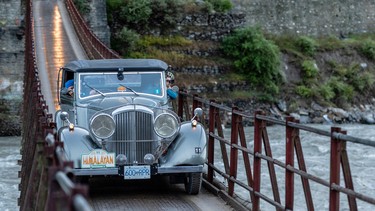 The 1936 Bentley traversing a very narrow pedestrian bridge along the Himalayan Challenge rally route.