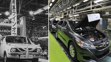 Company founder Soichiro Honda with the first 1300, and a modern Honda plant.