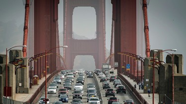 Vehicles travel on the Golden Gate Bridge during the morning commute in San Francisco, California.