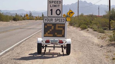 A radar speed sign manufactured by RU2, a speed display company based in Arizona.