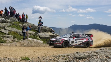 Travis Pastrana climbing Mt. Washington in his Subaru in 2017.