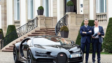 Stephen Winkelmann, president of Bugatti, left; and Alexandre Mea, president of Champagne Carbon stand next to a Chiron.