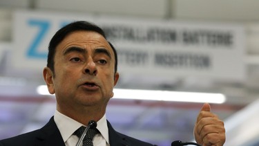 Former chairman and CEO of Renault-Nissan-Mitsubishi Carlos Ghosn gestures as he delivers a speech during a visit of French President at the Renault factory, in Maubeuge, northern France, on November 8, 2018.