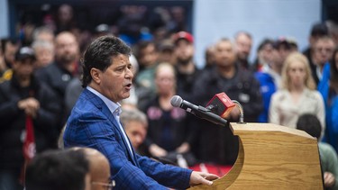 Jerry Dias, president of UNIFOR, the union representing the workers of Oshawa's General Motors car assembly plant, speaks to the workers at the union headquarters in Oshawa, Ont. on Monday Nov. 26, 2018.