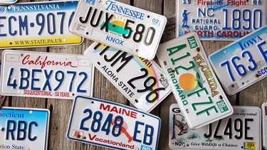 A wall of American licence plates in a Maine bar.