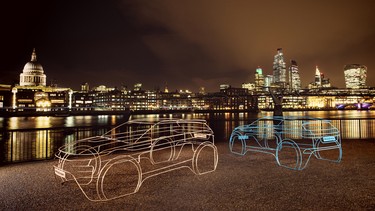 A pair of wire-frame sculptures of the second-generation Land Rover Evoque