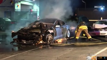 Tesla catches fire twice after flat tire