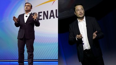 Carlos Ghosn (L) and Elon Musk (R), for Motor Mouth, Ghosn Photo by David Becker/Getty Images, Musk Photo by Refugio Ruiz/AP Photo
