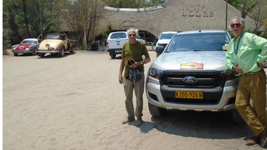 Gary Anderson and Harry Dobrzensky with their 2017 Ford Ranger replacement rally car in Botswana following a mechanical issue with the 1930 Ford they started the event in.