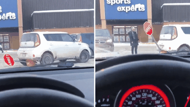 A driver at a Quebec shopping centre knocks down a stop sign