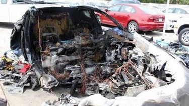 Remnants of a burned-out Tesla Model S