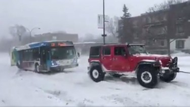 4x4 samaritans help bus up icy hill in Montreal